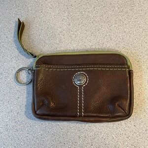 VTG Y2K Fossil Leather Brown Green Women's Coin Purse Wallet w/ Keyring Braided